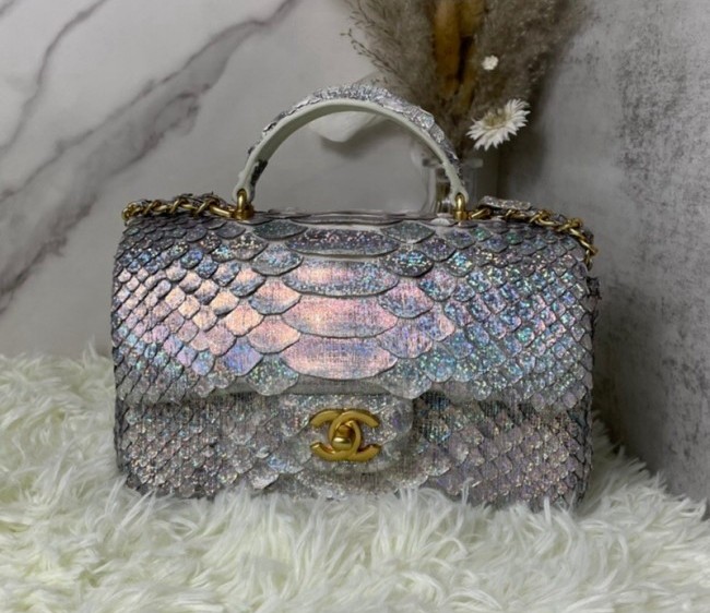 Chanel Python Embossed Mini Flap Bag with Top Handle AS2431 Silver 2022 14