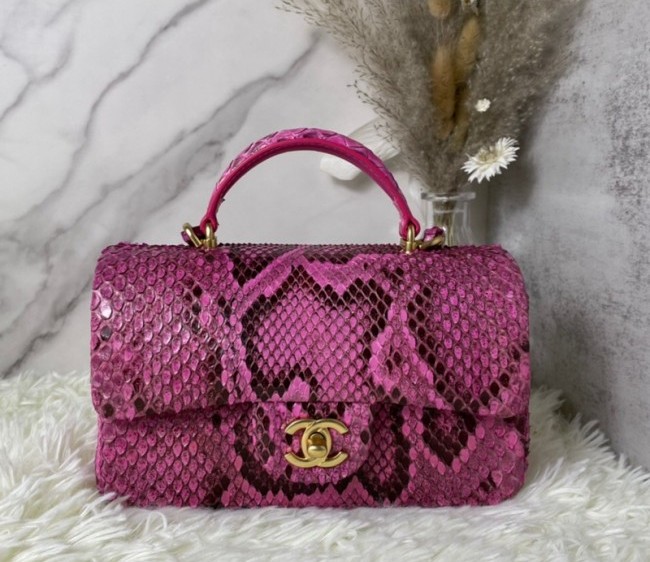 Chanel Python Embossed Mini Flap Bag with Top Handle AS2431 Fuchsia Pink 2022 12