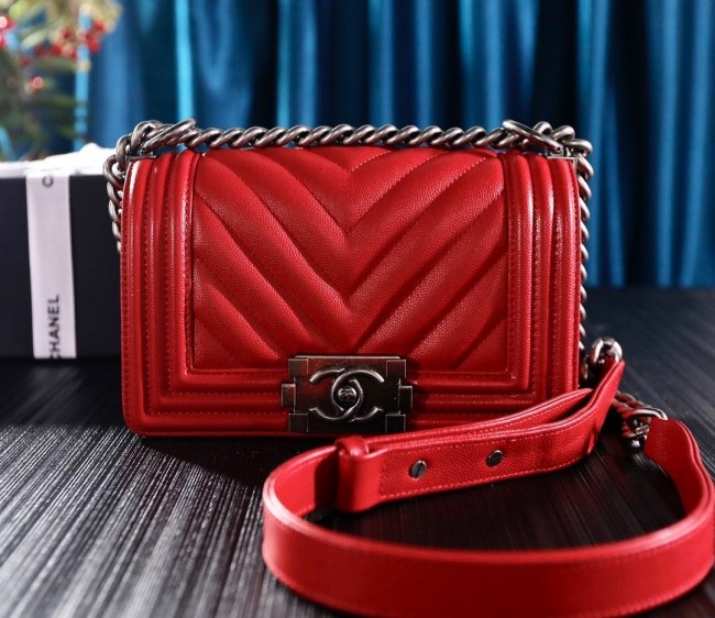 Chanel Chevron Grained Calfskin Small Classic Boy Flap Bag A67085 Red/Silver 2022