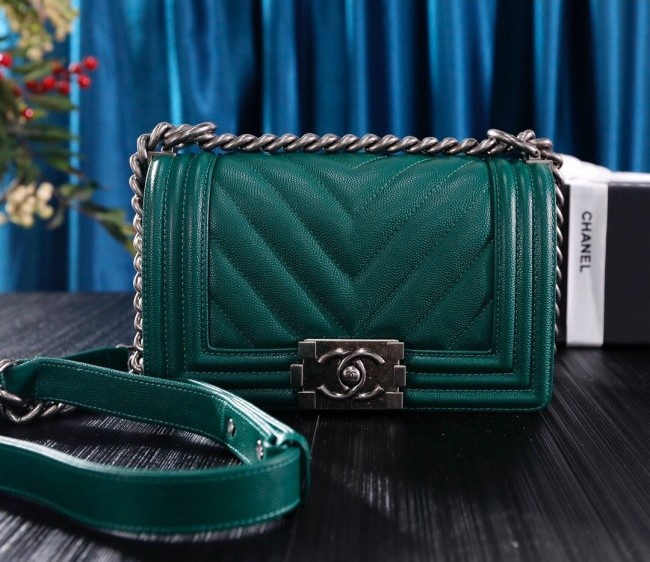 Chanel Chevron Grained Calfskin Small Classic Boy Flap Bag A67085 Green/Silver 2022