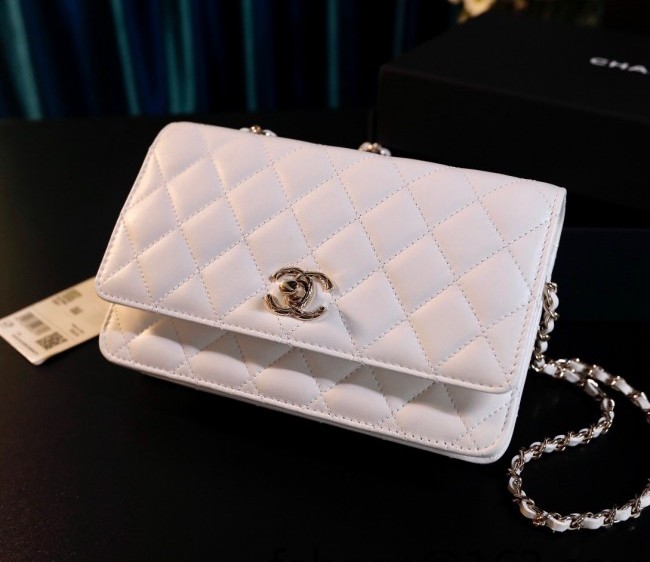 Chanel Lambskin Wallet on Chain WOC with CHANEL Band A80982 White 2022