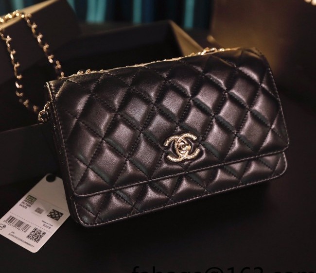 Chanel Lambskin Wallet on Chain WOC with CHANEL Band A80982 Black 2022