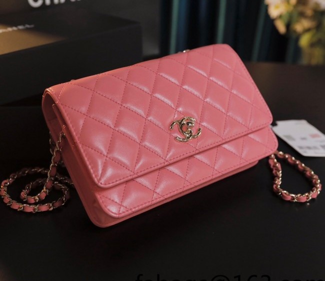 Chanel Lambskin Wallet on Chain WOC with CHANEL Band A80982 Pink 2022