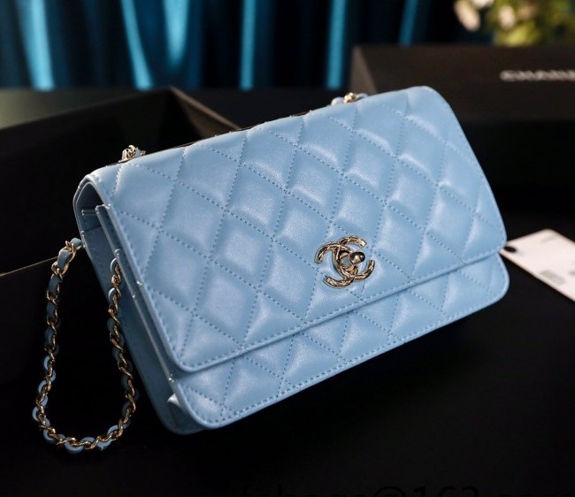 Chanel Lambskin Wallet on Chain WOC with CHANEL Band A80982 Light Blue 2022