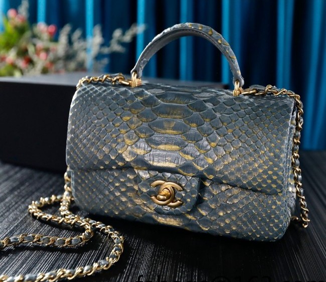 Chanel Python Embossed Mini Flap Bag with Top Handle AS2431 Dusty Blue 2022 10