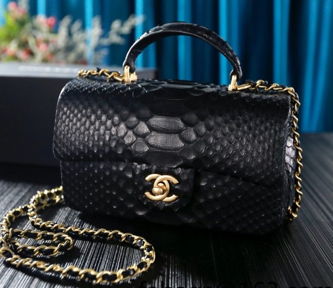 Chanel Python Embossed Mini Flap Bag with Top Handle AS2431 Black 2022 09