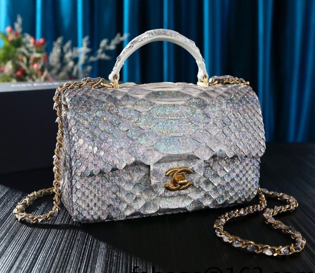 Chanel Python Embossed Mini Flap Bag with Top Handle AS2431 Silver 2022 13