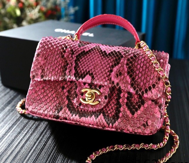 Chanel Python Embossed Mini Flap Bag with Top Handle AS2431 Fuchsia Pink 2022 16