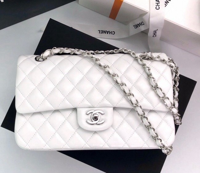 Chanel Lambskin Classic Medium Flap Bag A01112 White/Silver 2022 60758