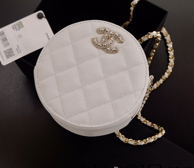 Chanel Grained Calfskin Round Clutch with Chain and Crystal CC AP2736 White 2022