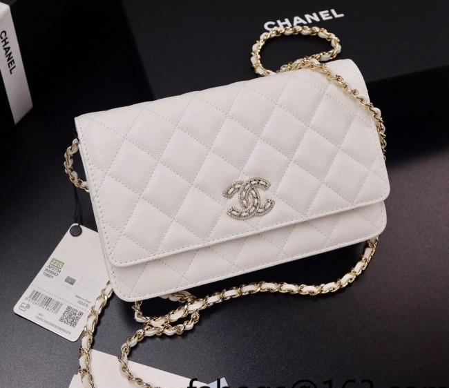 Chanel Grained Calfskin Wallet on Chain with Crystal CC WOC AP2734 White 2022