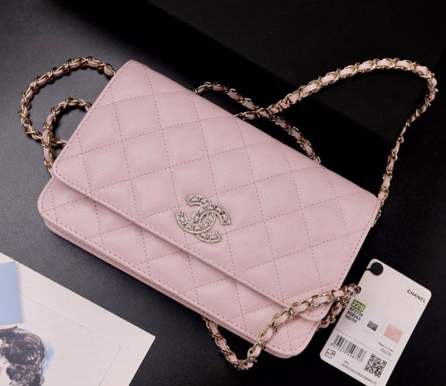 Chanel Grained Calfskin Wallet on Chain with Crystal CC WOC AP2734 Light Pink 2022