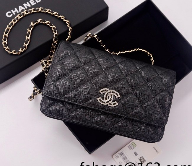 Chanel Grained Calfskin Wallet on Chain with Crystal CC WOC AP2734 Black 2022