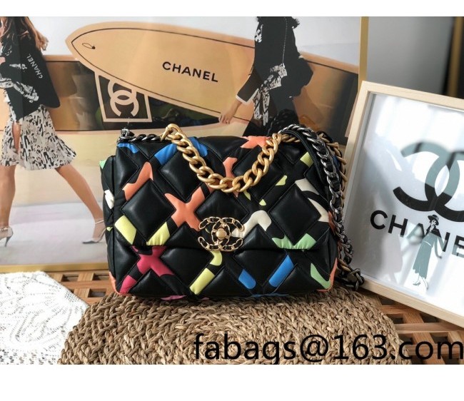 Chanel 19 Lambskin & Printed Fabric Flap Bag AS1160 Black/Multicolor 2022