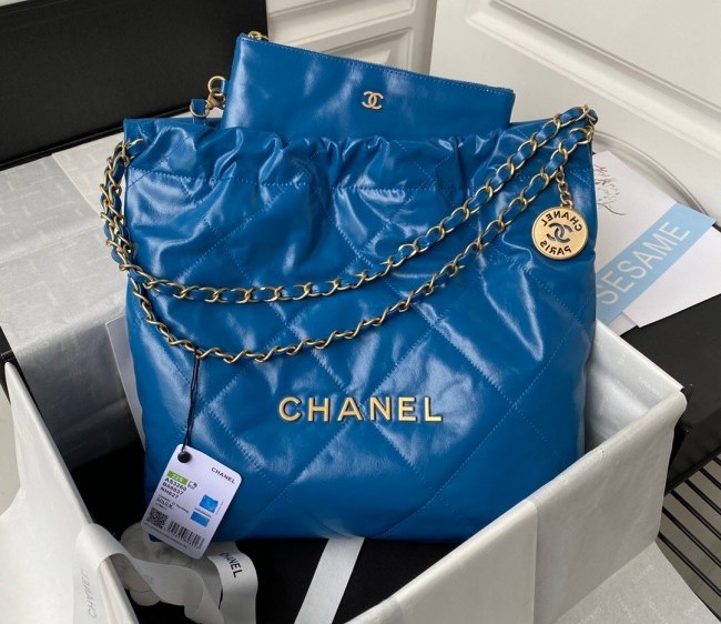 Chanel 22 Shiny Calfskin Small Shopping Bag AS3260 Blue 2022