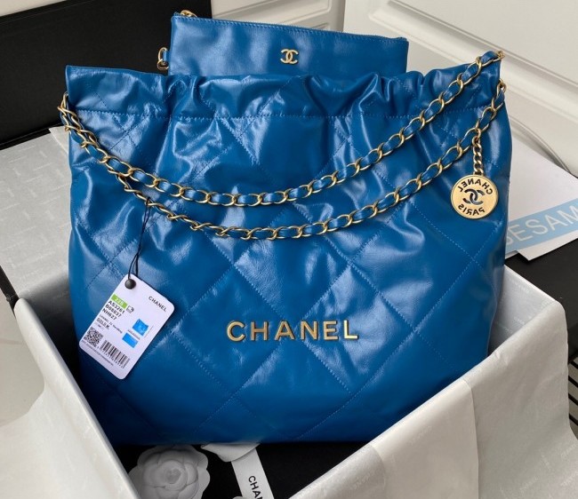 Chanel 22 Shiny Calfskin Medium Shopping Bag AS3261 Blue 2022