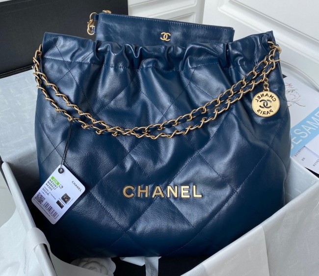 Chanel 22 Shiny Calfskin Medium Shopping Bag AS3261 Navy Blue 2022