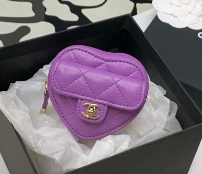 Chanel Lambskin Heart Zipped Arm Coin Purse Wallet AP2786 Purple 2022