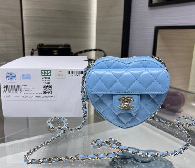 Chanel Lambskin Heart Clutch with Chain AP2784 Light Blue 2022