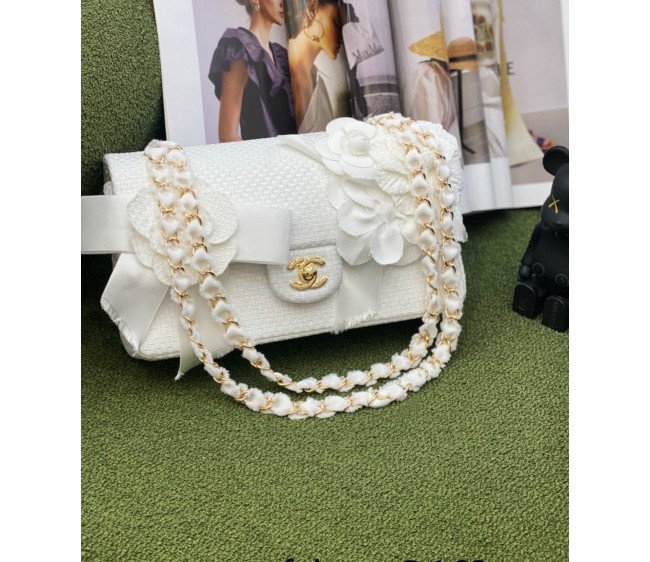 Chanel Embroidered Tweed Classic Medium Flap Bag with Flower A01112 White 2022