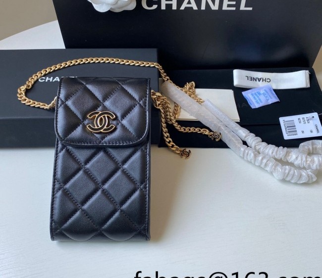 Chanel Lambskin Phone Holder with Chain AP2636 Black 2022