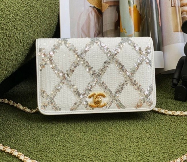 Chanel Sequins Quilted Wallet on Chain WOC White/Silver 2022