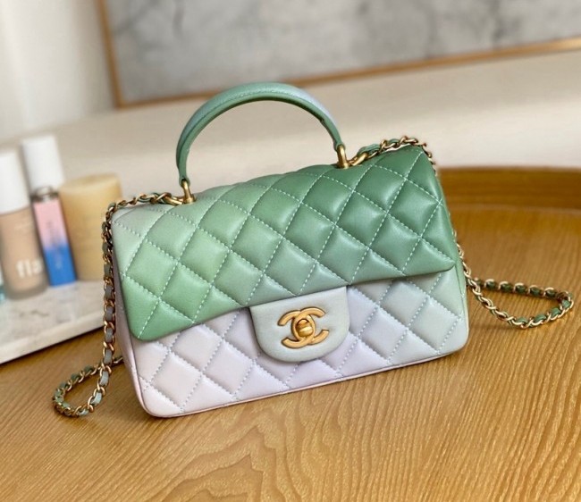 Chanel Lambskin Mini Flap Bag with Top Handle AS2431 Green/Pink 2022