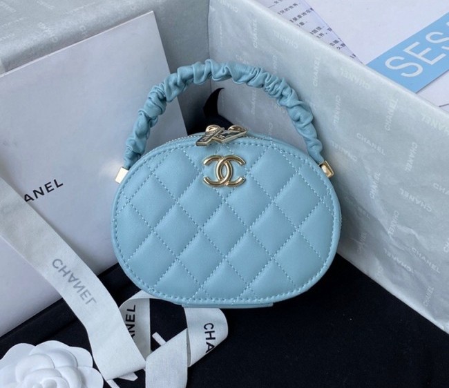 Chanel Shiny Lambskin Vanity Case Bag with Pleated Top Handle AP2731 Light Blue 2022