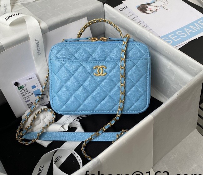 Chanel Grained Shiny Calfskin Small Vanity Case with Chain Top Handle AS3221 Light Denim Blue 2022