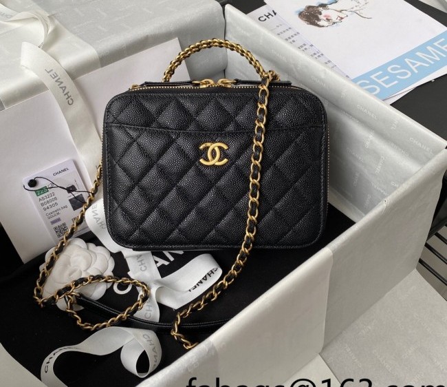 Chanel Grained Shiny Calfskin Small Vanity Case with Chain Top Handle AS3221 Black 2022