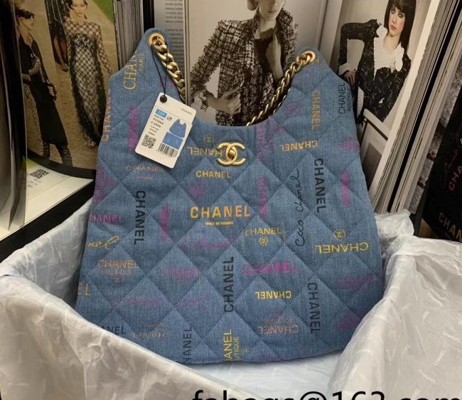 Chanel Printed Denim Maxi Hobo Bag AS3156 Blue 2022