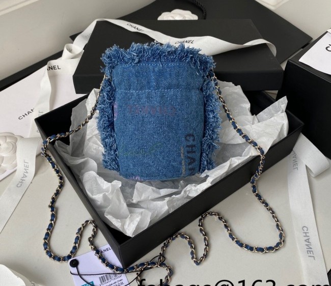 Chanel Printed Denim Mini Bucket bag with Chain AP2603 Blue 2022