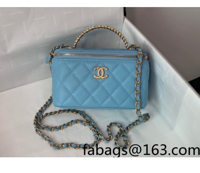 Chanel Grained Calfskin Vanity Case with Chain Top Handle AP2805 Light Blue 2022