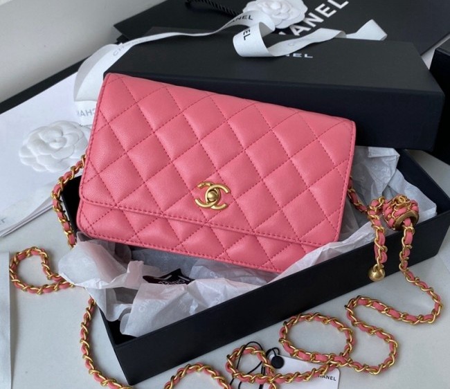 Chanel Lambskin Wallet on Chain WOC with Entwined Ball AP1450 Pink 2022