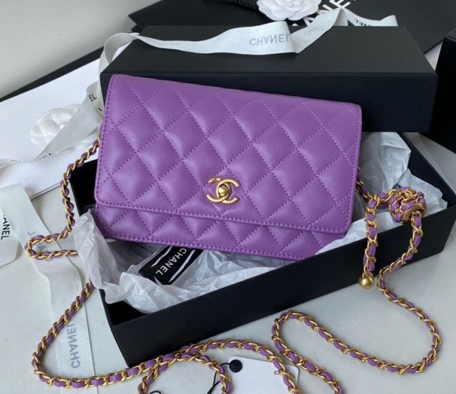 Chanel Lambskin Wallet on Chain WOC with Entwined Ball AP1450 Purple 2022