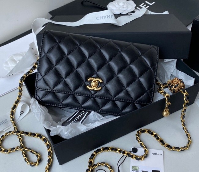 Chanel Lambskin Wallet on Chain WOC with Entwined Ball AP1450 Black 2022