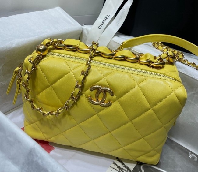 Chanel Calfskin Mini Bowling Bag with Chain Top Handle AS3229 Yellow 2022