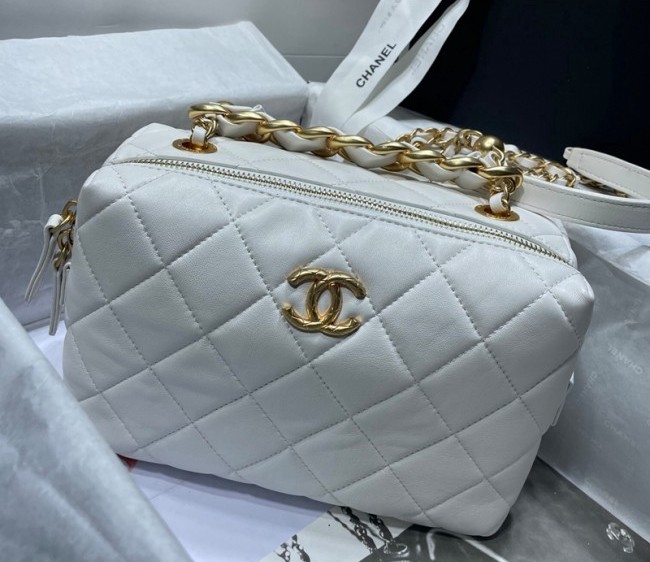 Chanel Calfskin Mini Bowling Bag with Chain Top Handle AS3229 White 2022