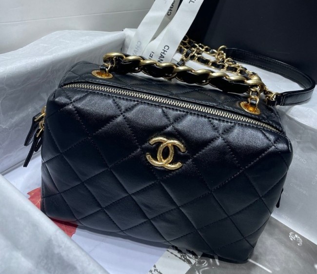 Chanel Calfskin Mini Bowling Bag with Chain Top Handle AS3229 Black 2022