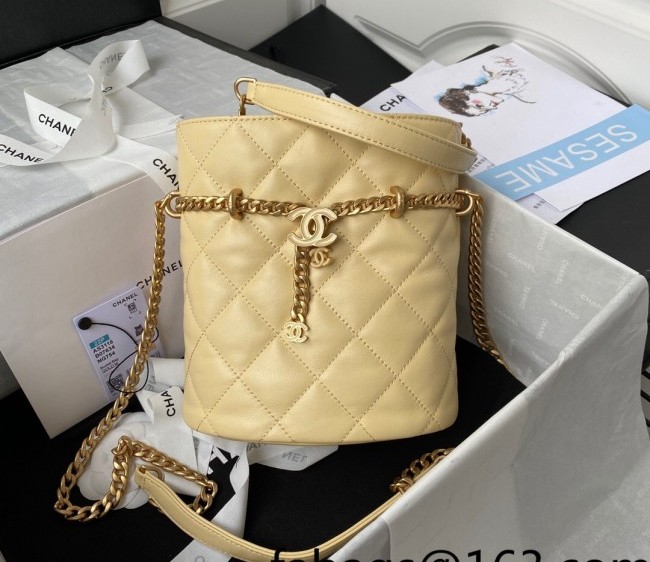 Chanel Lambskin & Enamel Mini Bucket Bag with Tied Chain AS3116 Yellow 2022