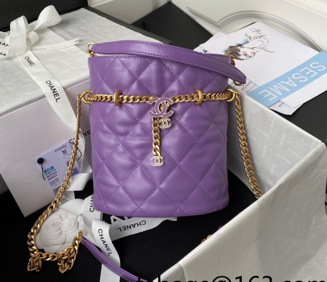 Chanel Lambskin & Enamel Mini Bucket Bag with Tied Chain AS3116 Purple 2022