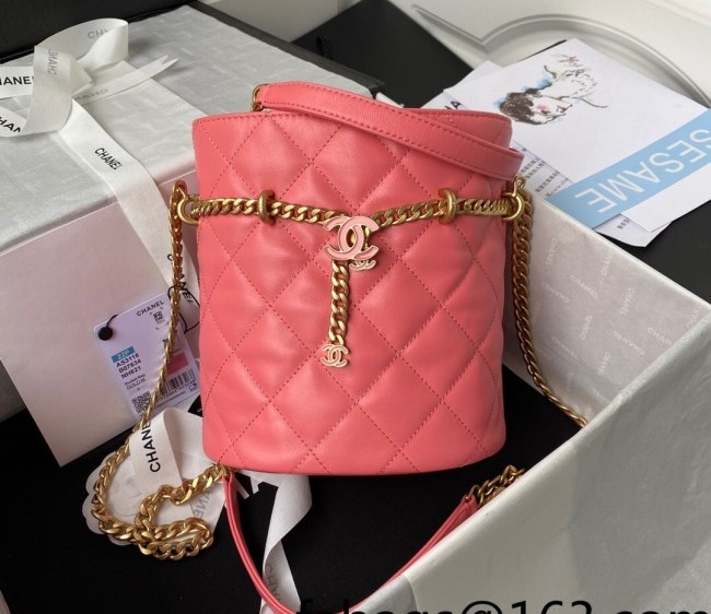 Chanel Lambskin & Enamel Mini Bucket Bag with Tied Chain AS3116 Coral Pink 2022