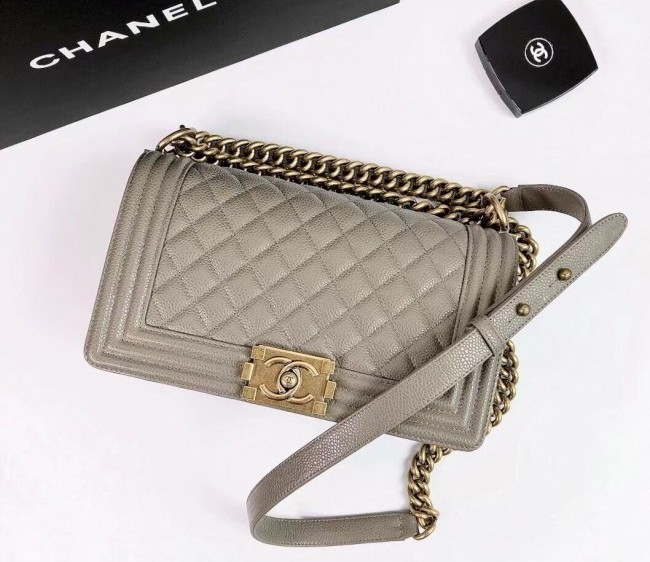 Chanel Grained Leather Medium Classic Boy Flap Bag A67086 Gray/Aged Gold 2022 0408