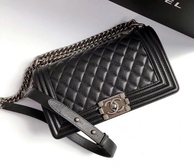 Chanel Grained Leather Medium Classic Boy Flap Bag A67086 Black/Aged Silver 2022 0408