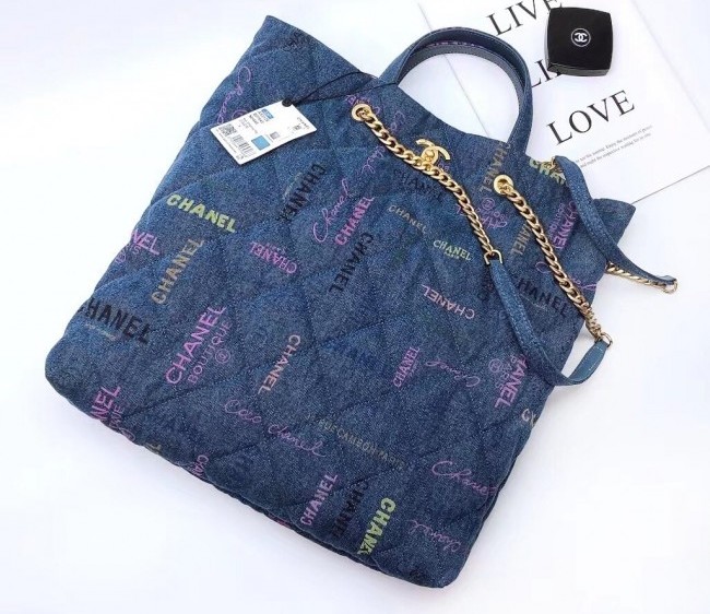 Chanel Printed Denim Maxi Shopping Bag AS3128 Blue 2022