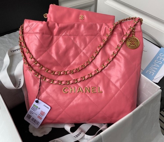 Chanel 22 Shiny Calfskin Small Shopping Bag AS3260 Coral Pink/Gold 2022