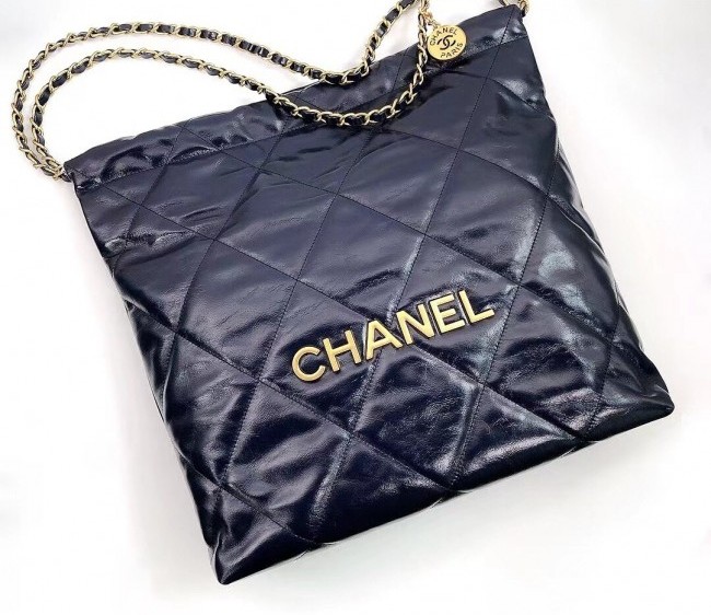 Chanel 22 Shiny Calfskin Medium Shopping Bag AS3261 Navy Blue/Gold 2022