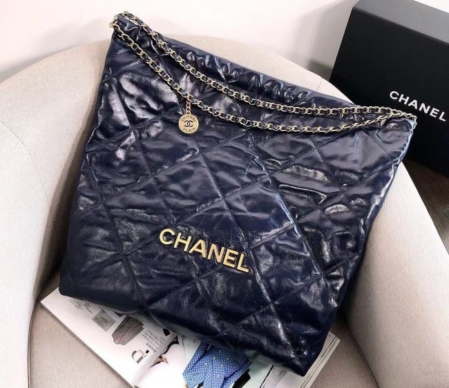 Chanel 22 Shiny Calfskin Large Shopping Bag AS3262 Navy Blue/Gold 2022