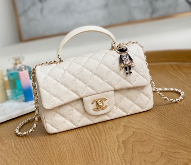 Chanel Grained Leather Mini Flap Bag with Top Handle and Charm AS2431 White 2022