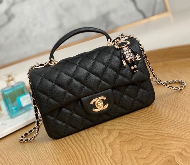 Chanel Grained Leather Mini Flap Bag with Top Handle and Charm AS2431 Black 2022